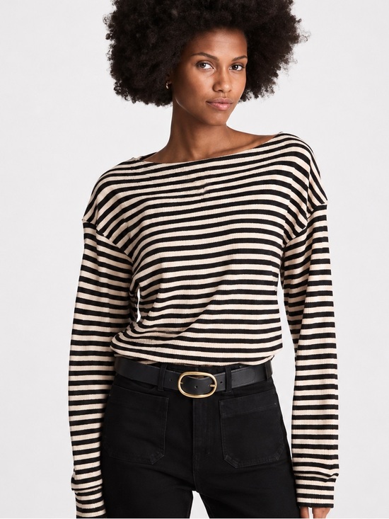 Madewell Sweaters - Madewell Boatneck Drop Shoulder Striped Knit Top Black Ivory Size Small